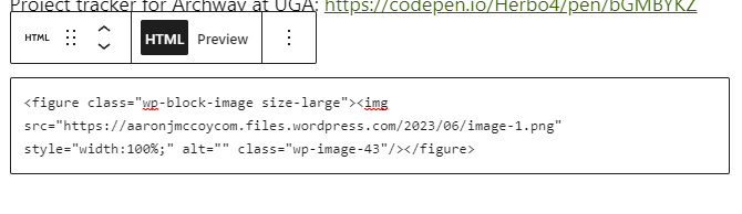 Here is a block of code in a WordPress site editor showing how I've easily set the image's width by adding a style tag.