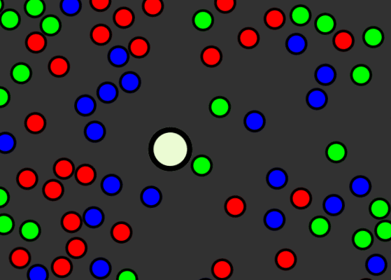 A field of red, green, and blue dots with one larger slightly green dot located centrally
